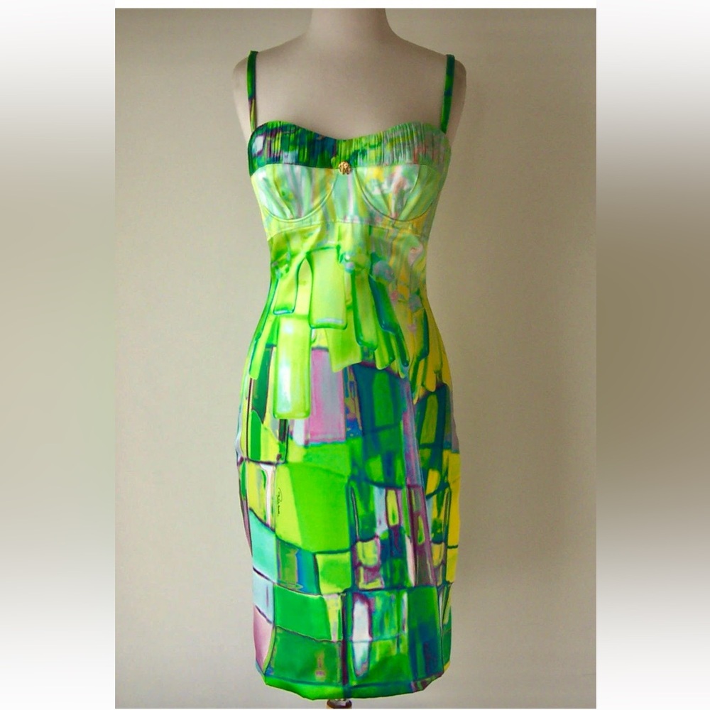 Roberto Cavalli Green Sheath Midi Dress Spaghetti Strap